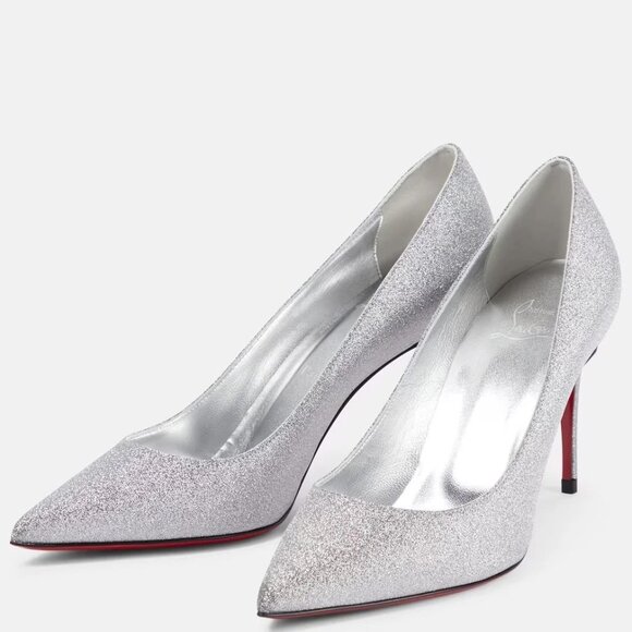Christian Louboutin Kate Glittered Leather Pumps 85 - Silver  Christian Louboutin KATE 85 Glitter Embellished Leather Heels Pumps Shoes